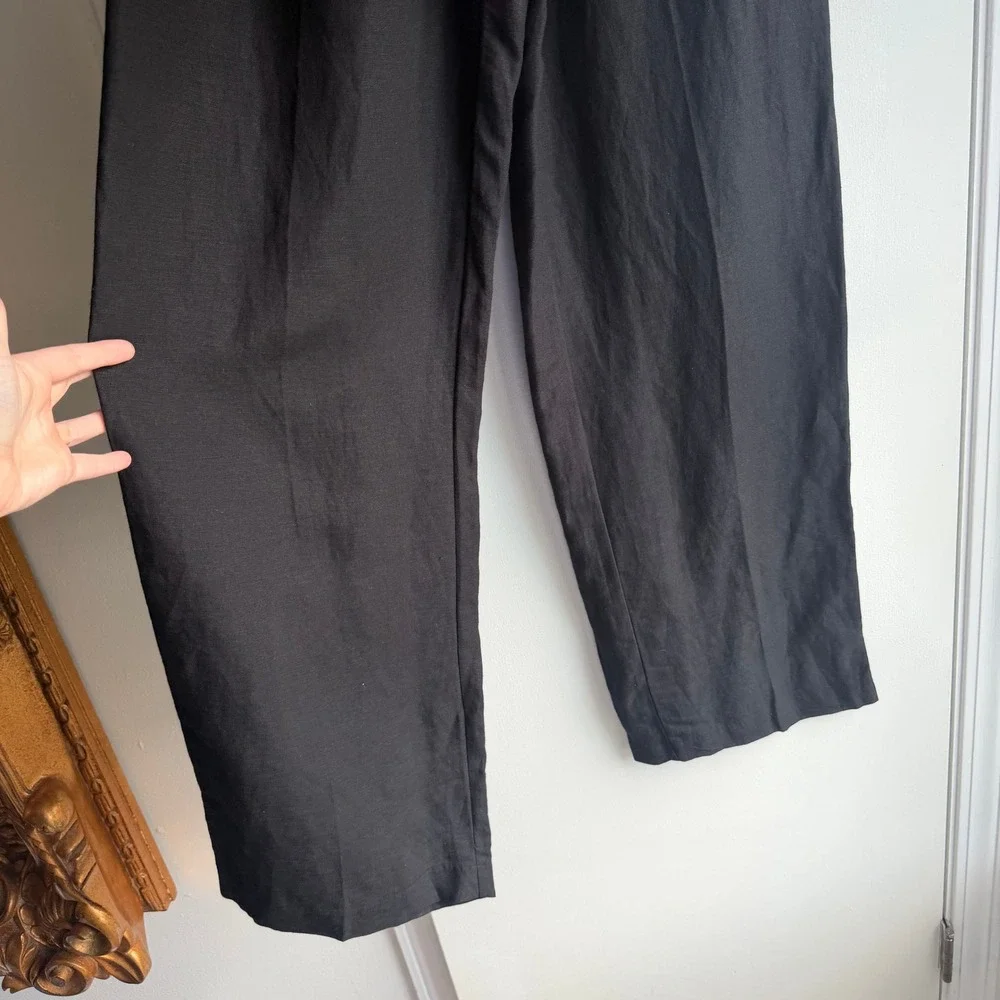 H&M Black Wide Leg Linen Blend Trousers High Waist Elastic Back Pants Size 6 NWT